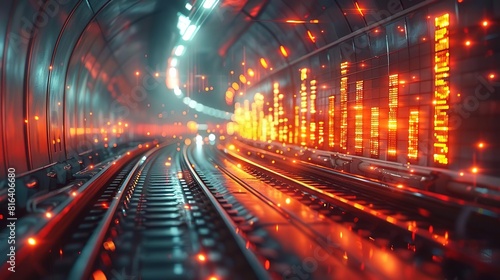 A futuristic train tunnel with glowing red and blue lights. photo