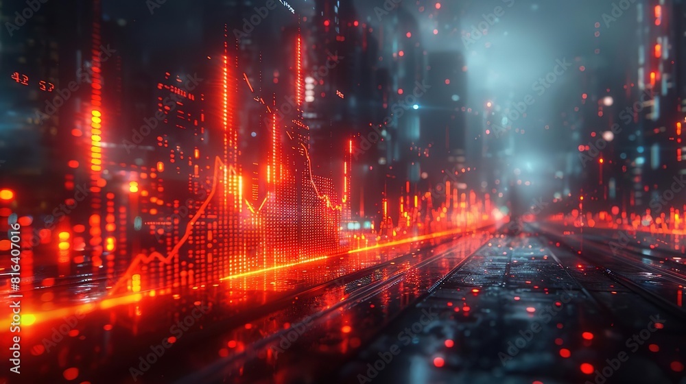 A digital cityscape with a red glowing stock market graph in the foreground. The graph is made of red dots and lines. A digital cityscape with a red glowing stock market graph in the foreground. The graph is made of red dots and lines.