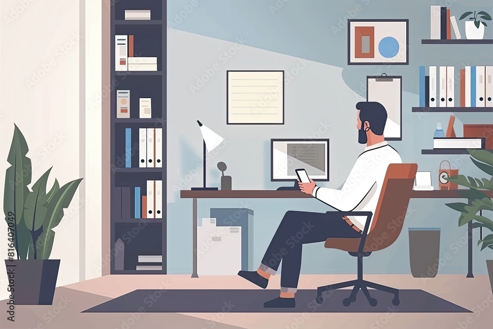 A consultant is giving presentations on a tablet in a functional and well-lit study corner. Simple and minimalist flat Vector Illustration A consultant is giving presentations on a tablet in a functional and well-lit study corner. Simple and minimalist flat Vector Illustration