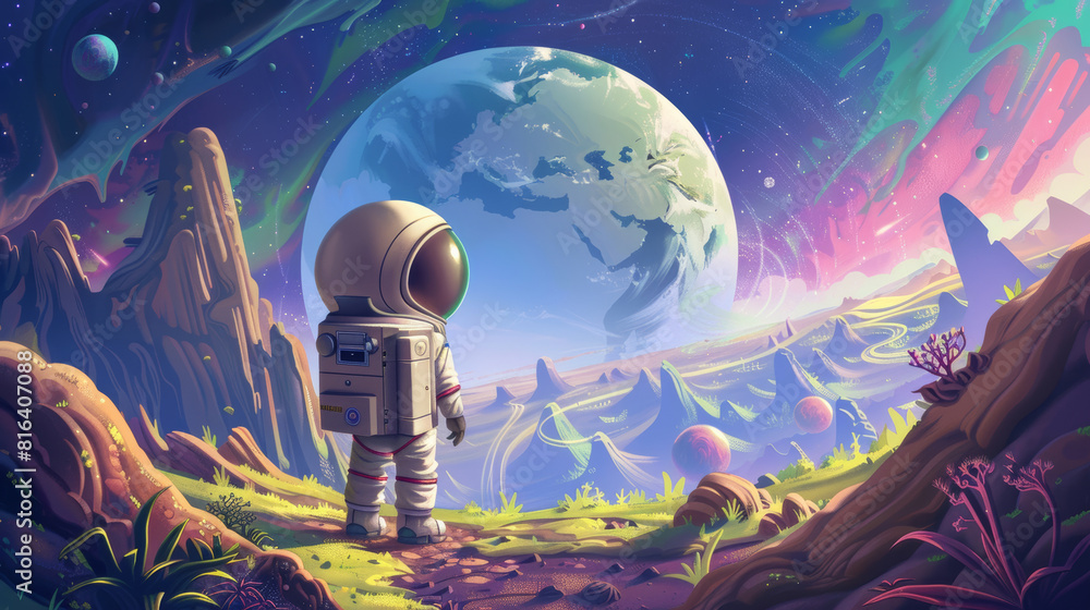 Obraz premium Cosmic explorer: astronaut contemplating a distant earth
