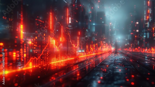 A digital cityscape with a red glowing stock market graph in the foreground. The graph is made of red dots and lines.