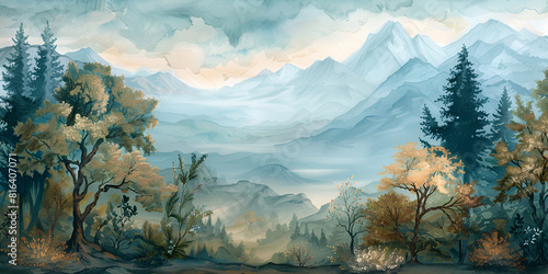 Pan view of lush magical forest and mountains watercolor art 
