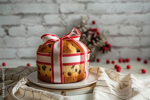 panettone with red and white striped ribbon on a plate  against a light grey brick wall background in natural daylight 