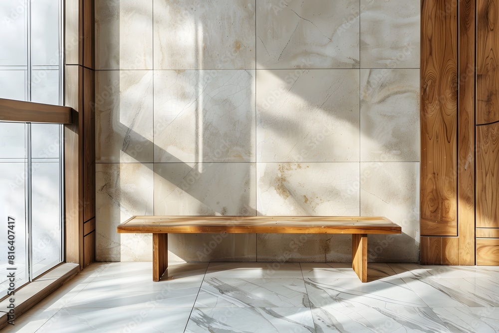 Wooden bench near marble stone wall and wood paneling in cozy hallway. Minimalist home interior design of modern entrance hall with big window. Wooden bench near marble stone wall and wood paneling in cozy hallway. Minimalist home interior design of modern entrance hall with big window.