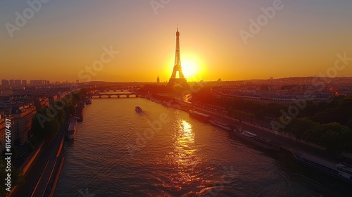 Majestic Paris: Aerial Sunset View of Eiffel Tower and Seine River