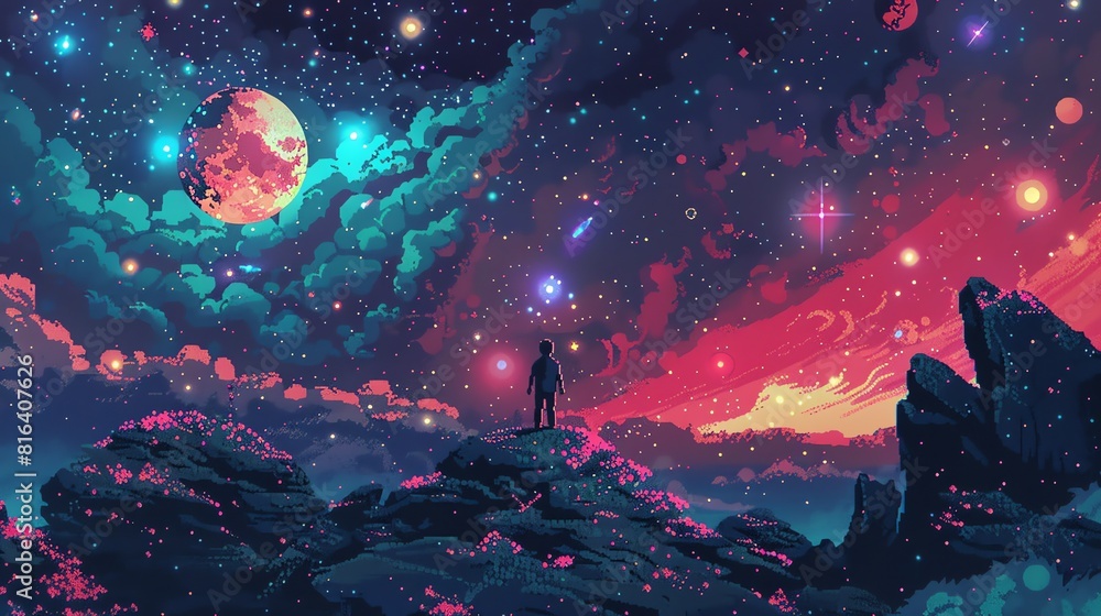 The image is a pixelated landscape of a person standing on a cliff, looking out at a starry night sky. The sky is full of stars, planets, and a moon. The image is a pixelated landscape of a person standing on a cliff, looking out at a starry night sky. The sky is full of stars, planets, and a moon.