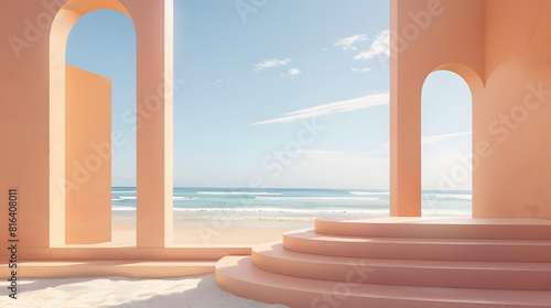 Abstract summer background with podium for product presentation on the beach. Minimal scene with white steps and ocean view through window. Abstract geometric shapes in pastel orange color