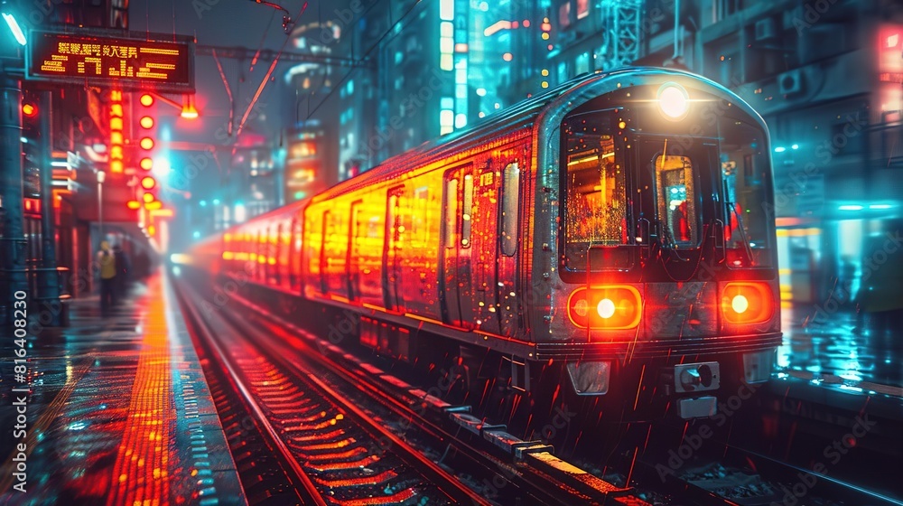 A beautiful digital painting of a subway train arriving at a station at night A beautiful digital painting of a subway train arriving at a station at night