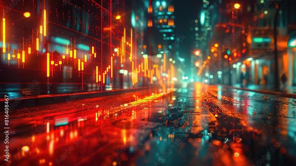 Create a photorealistic image of a city street at night with a futuristic financial theme