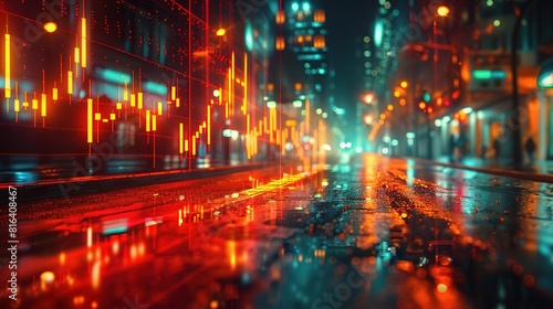 Create a photorealistic image of a city street at night with a futuristic financial theme