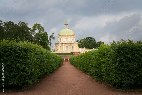 View of the side East Pavilion (Japanese Pavilion) of the Great (Menshikov) Palace in the Oranienbaum Palace and Park Ensemble on a sunny summer day, Lomonosov, Saint Petersburg, Russia