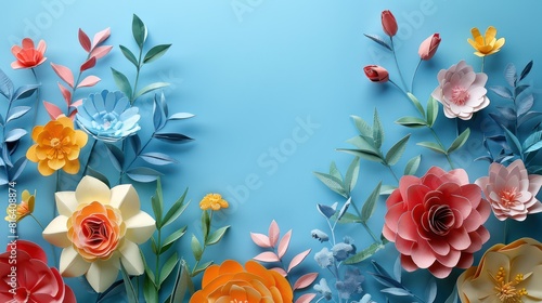 Handmade Paper Flowers on Light Blue Background with Copyspace