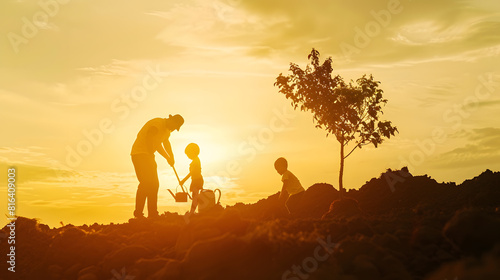 Farmer dad mom child planting tree Happy family team planting tree in sun spring time Silhouette of family with tree at sunset Family with shovel and watering can plants young trees sp   Generative AI