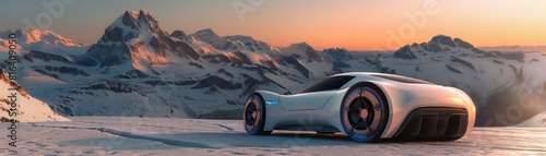 The sports car is driving on a snowy mountain road. The scenery is beautiful and the car is very cool. photo