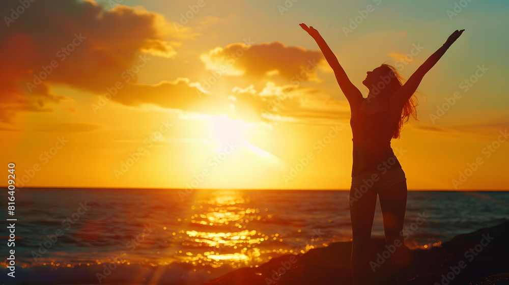 Silhouette of free woman enjoying freedom feeling happy at sunset Serene relaxing woman in pure happiness : Generative AI