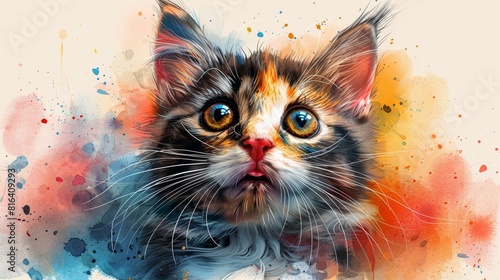 Produce a watercolor clipart line art cat face realistically expressing surprise