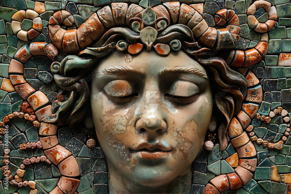  Mosaic Art of Serene Face with Snake Elements