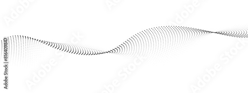 Abstract flowing dots particles wave curved lines on transparent background. Black halftone gradient smooth curve line shape background. Design for frequency sound, technology, science, banner. Vector