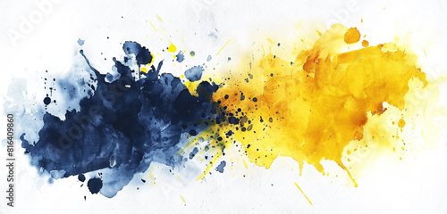 Dynamic sunny yellow and deep blue watercolor strokes blend into a modern, isolated design on white canvas.