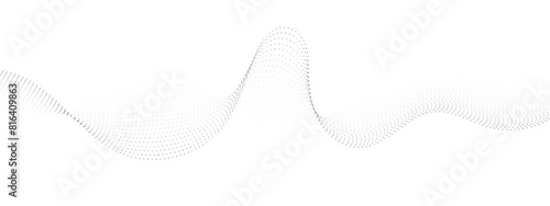 Abstract flowing dots particles wave curved lines on transparent background. Black halftone gradient smooth curve line shape background. Design for frequency sound, technology, science, banner. Vector