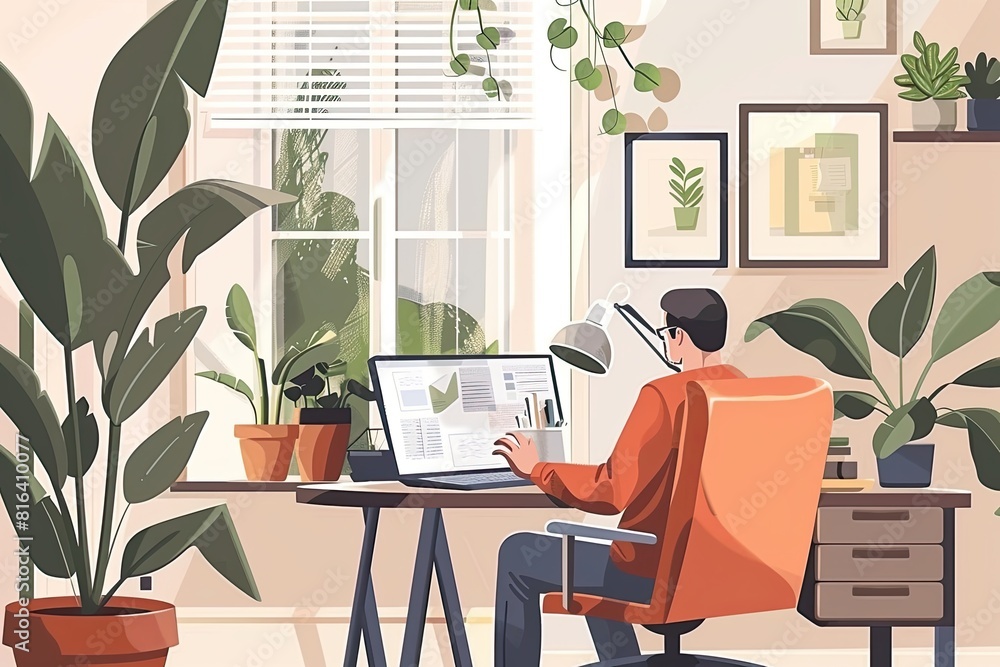 A freelancer is designing on a tablet in a simple and elegant home office environment. Simple and minimalist flat Vector Illustration A freelancer is designing on a tablet in a simple and elegant home office environment. Simple and minimalist flat Vector Illustration