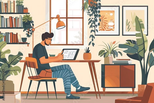 A freelancer is designing on a tablet in a simple and elegant home office environment. Simple and minimalist flat Vector Illustration © Barra Fire