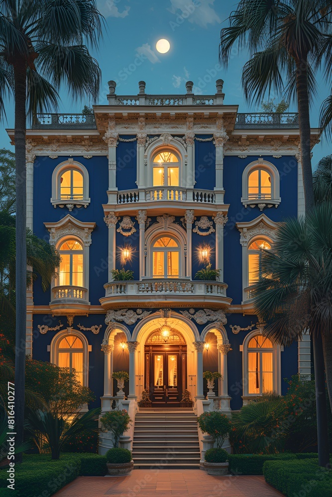 Blue mansion - narrow version - 3 story manor house - English - British - aristocracy - ornate - art deco style