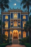Blue mansion - narrow version - 3 story manor house - English - British - aristocracy - ornate - art deco style