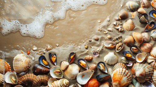 Seafood from shells and mussels on the shore of the sandy sea.