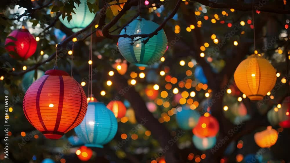 Colorful lanterns and fairy lights strung between trees adding to the festive atmosphere at the mindful drinking festival. Colorful lanterns and fairy lights strung between trees adding to the festive atmosphere at the mindful drinking festival.