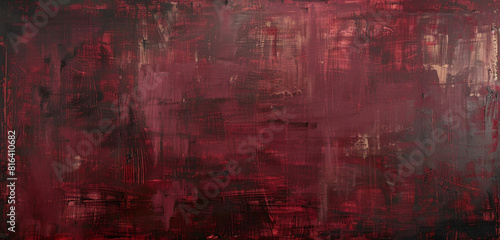 Dynamic crimson and dark taupe strokes on canvas.
