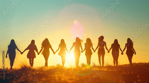 Sunrise silhouette of 10 young women walking hand in hand : Generative AI