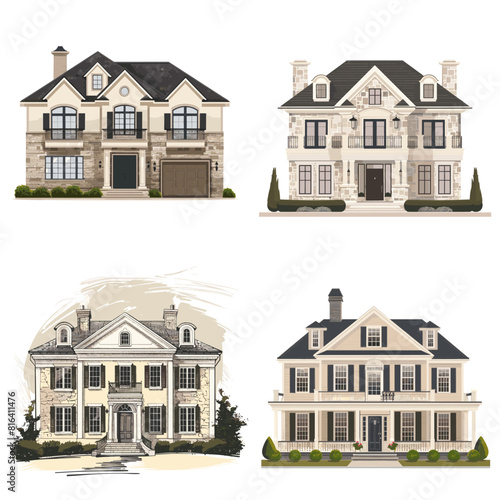 A set of four elegant vector illustrations of luxurious and classic houses with intricate architecture. Perfect for real estate, property investment, dream homes, and upscale residential concepts.
