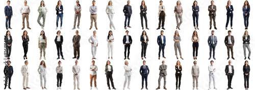 Many business people set isolated background, casual formal attire wear, full body length, networking mixed different diversed businesspeople, happy male female, successful career, crisp edges style