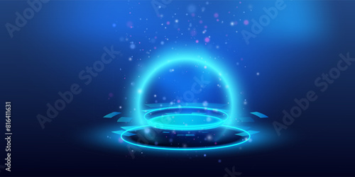 Hologram portal on blue background. Podium teleport with neon light circles. Fantasy futuristic technology high tech platform. Vector illustration.