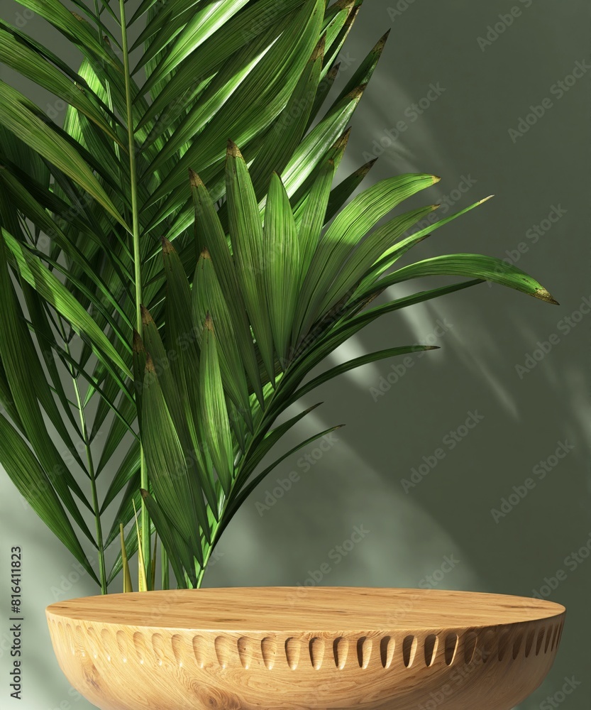 Round wooden brown table podium, tropical palm tree in dappled sunlight on green wall for modern, luxury fashion, beauty, cosmetic, skincare, body care, product background 3D Round wooden brown table podium, tropical palm tree in dappled sunlight on green wall for modern, luxury fashion, beauty, cosmetic, skincare, body care, product background 3D