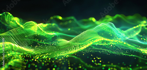 Intense green glowing wave with dark techno particles.