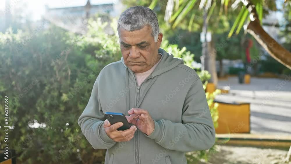 Mature grey-haired man using smartphone in sunlit park Mature grey-haired man using smartphone in sunlit park