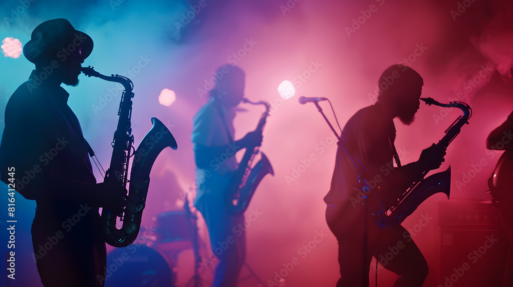 Bands silhouettes with on a concert  Group of saxophone guitar trombone players performing on stage : Generative AI