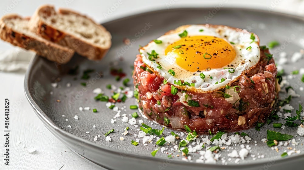Beef tartare steak with egg and bread presented on a gray plate against a white backdrop Beef tartare steak with egg and bread presented on a gray plate against a white backdrop