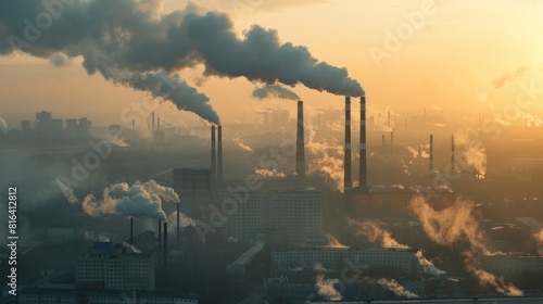 view of a factory with smoking chimneys poisoning the air. smog in the sky from emissions of industrial smoke and waste into the atmosphere photo