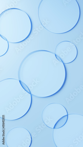 青色背景に円形のガラスが複数配置された背景素材。俯瞰。3D（縦長）