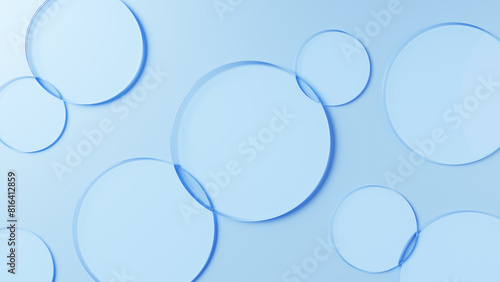 青色背景に円形のガラスが複数配置された背景素材。俯瞰。3D（横長）