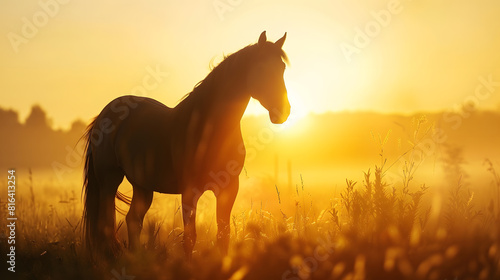 Silhouette photo of friesian horse in sunrise   Generative AI