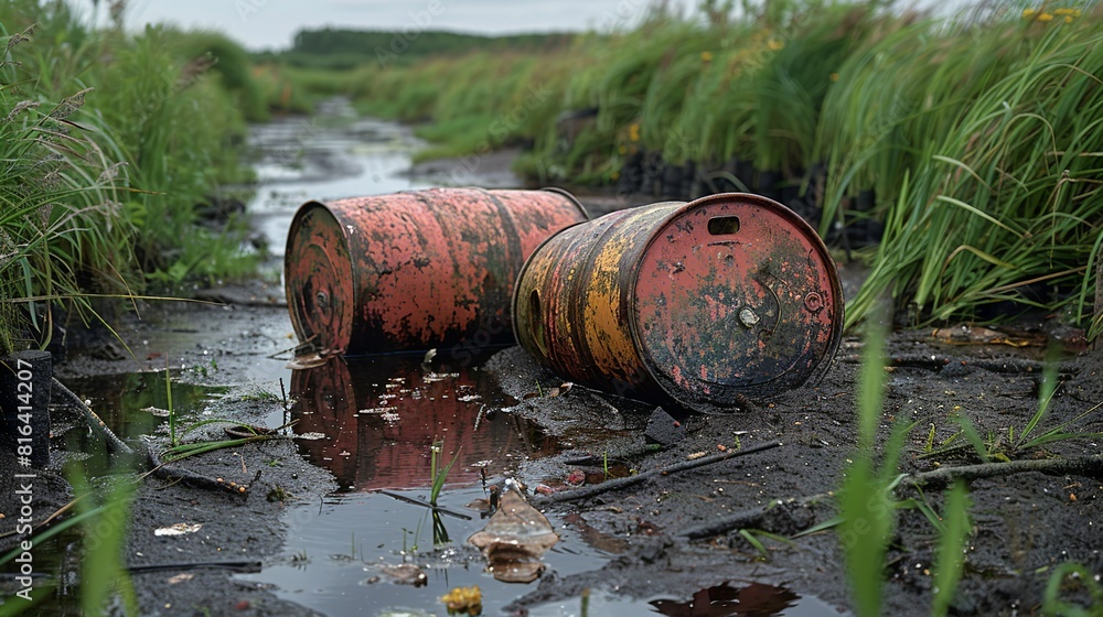 Contaminants, A photograph of industrial waste barrels leaking into a wetland area. Illustration image, Minimal Style, Clean and Clear Color, Contaminants, A photograph of industrial waste barrels leaking into a wetland area. Illustration image, Minimal Style, Clean and Clear Color,
