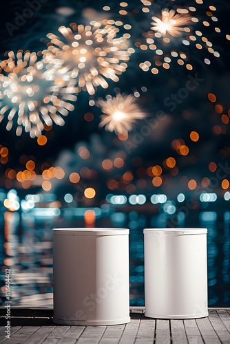 Pedestal for product display empty with fireworks festival and confetti background anniversary atmosphere