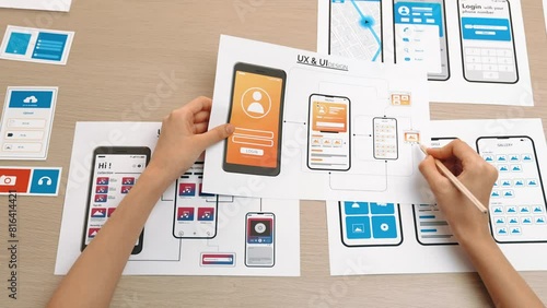 Startup company employee planning for user interface prototype for mobile application or website in office with model of program on desk. UX UI designer consider user friendly interface plan. Synergic