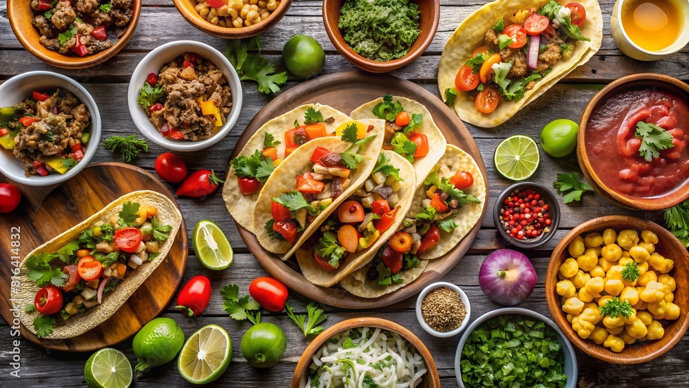Aerial View of a Table Filled with Mexican Tacos, Diverse Side Dishes, and Savory Sauces Aerial View of a Table Filled with Mexican Tacos, Diverse Side Dishes, and Savory Sauces