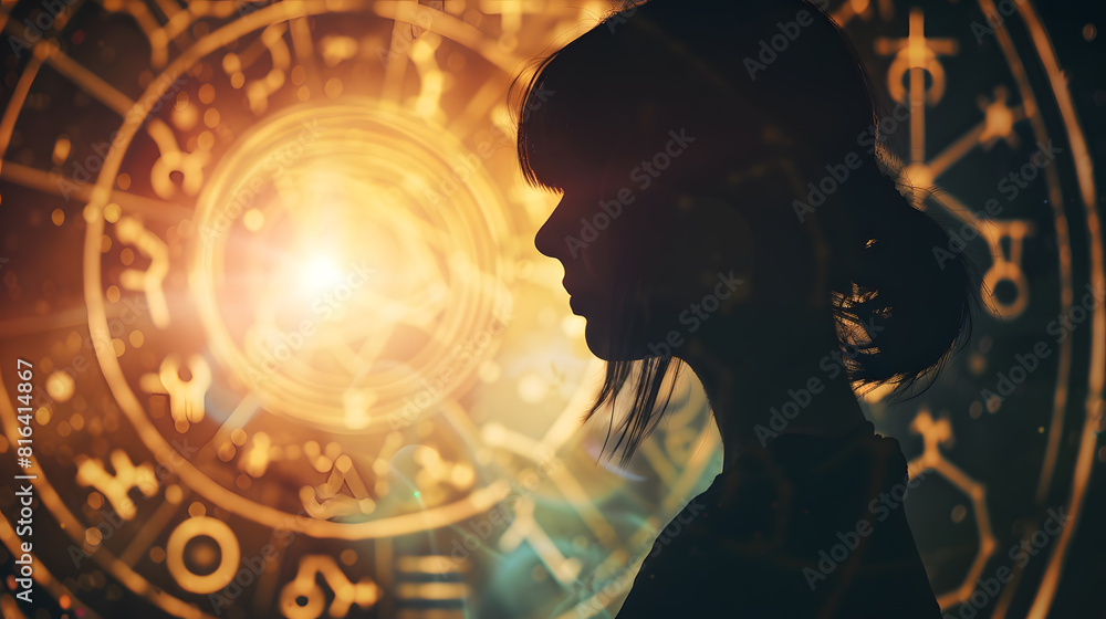Astrological forecast creative concept Silhouette of a young girl in profile with the zodiac circle and signs of the zodiac : Generative AI Astrological forecast creative concept Silhouette of a young girl in profile with the zodiac circle and signs of the zodiac : Generative AI