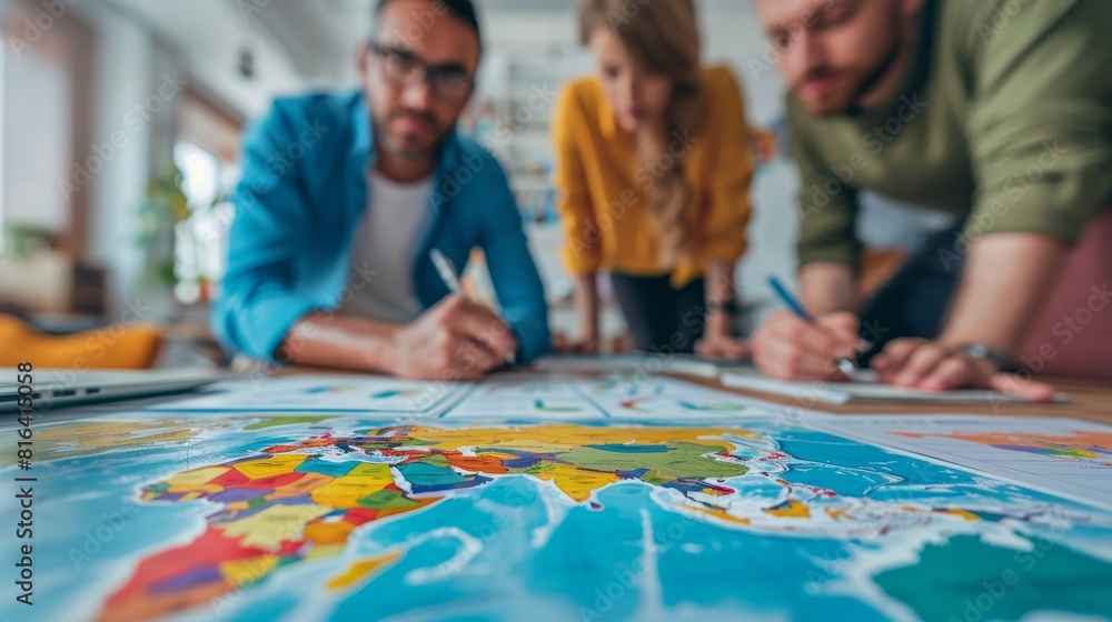 Fototapeta premium Three business people planning travel on world map in the office.